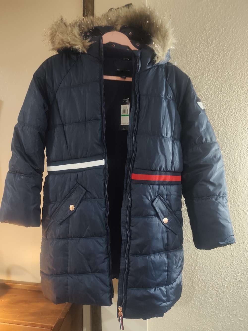 Tommy Hilfiger Navy Quilted Puffer Coat with Faux Fur Hood
